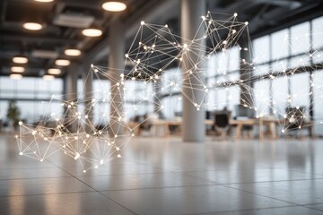 Abstract network of glowing lights and connections overlaid on a blurred modern office interior, representing digital data flow and technological advancement.