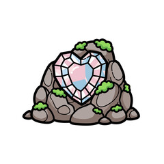 Raw gemstone heart embedded in stone surrounded by greenery  