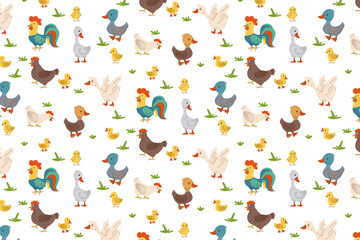 Seamless vector illustration featuring colorful farm animals such as chickens, ducks, and geese on a white background. Perfect for children s products, textiles, and designs. © Elena
