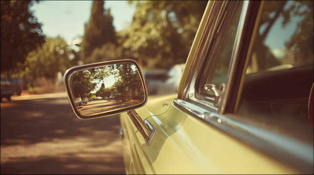 Vintage car side mirror reflecting summer street