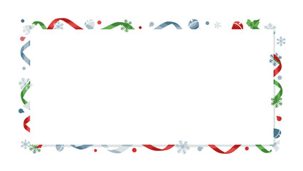 A festive Christmas frame with red ribbons, green garlands, and snowflakes on a white background, perfect for holiday greeting cards or decorations.