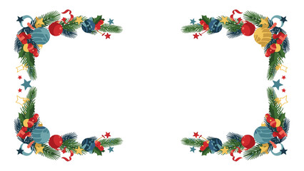 A festive Christmas frame made of green pine branches, red and blue ornaments, and golden decorations on a white background, perfect for holiday greeting cards or invitations.
