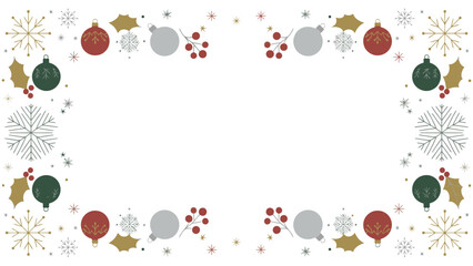 A festive frame of Christmas ornaments, snowflakes, and holly leaves on a white background, perfect for holiday greeting cards or decorations. © Jangkrik