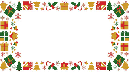 Fototapeta premium A colorful Christmas frame border with festive icons and decorations on a white background for holiday greeting cards or invitations.