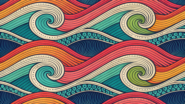 Colorful abstract seamless pattern with psychedelic geometric waves and floral ornaments featuring a blue rainbow vector illustration for retro wallpaper decor - Powered by Adobe