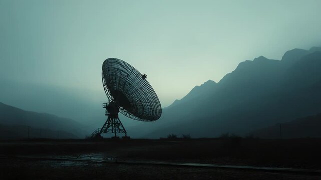 Satellite dish in misty mountain landscape