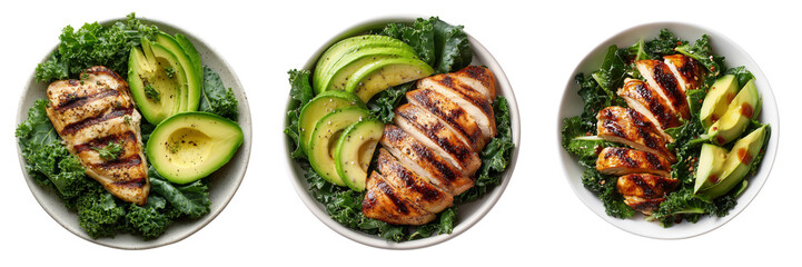 Grilled chicken breast slices with avocado and kale salad isolated on a transparent background image