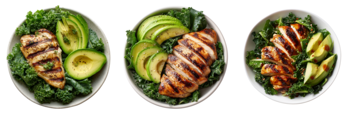 Grilled chicken breast slices with avocado and kale salad isolated on a transparent background image