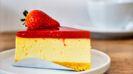Creamy Cheesecake Slice with Strawberry Topping for Premium Dessert Food Object and Sweet Bakery Concept