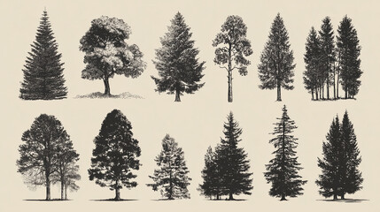Collection of meticulously illustrated trees in a serene, artistic display