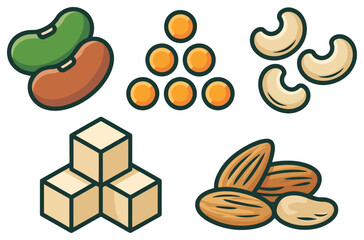 Colorful cartoon beans nuts sugar cubes and almonds white background