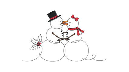 Minimalist Line Art Snowman Couple Kissing Christmas Love Illustration Isolated