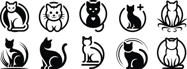 Cat logo silhouette collection with modern circular designs, black and white feline pet icons isolated on white background vector © GOLAPI