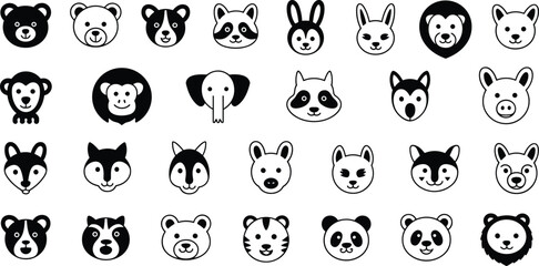 Obraz premium Cute animal face icon set with bear fox panda rabbit monkey lion silhouettes, black and white cartoon wildlife collection