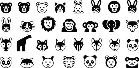 Cute animal face icon set with bear rabbit lion fox panda monkey silhouettes, black and white vector collection © GOLAPI