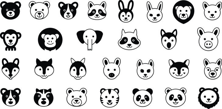 Cute animal face icon set with bear fox panda rabbit monkey lion silhouettes, black and white cartoon wildlife collection