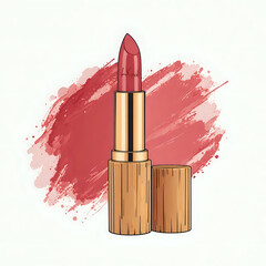 Open tube of pink lipstick with gold casing against a vibrant red watercolor splash background