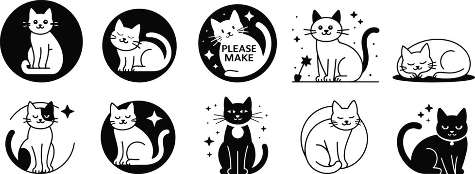 Cute cat icon collection with sitting sleeping poses, black and white feline cartoon illustrations isolated on white background