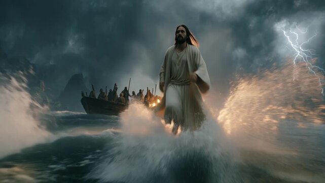 Jesus walks on water during a storm while disciples watch from a boat in a dramatic scene