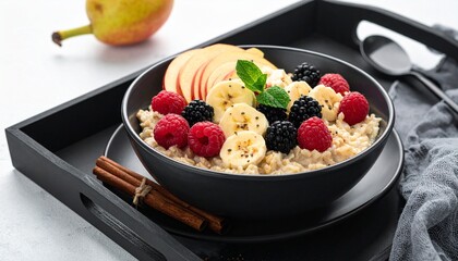Bowl of oatmeal topped with fresh fruits—bananas, raspberries, blackberries, apple slices—on black tray with cinnamon.