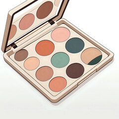 Open cosmetic eyeshadow palette with twelve earth tone and jewel shade pans and mirror