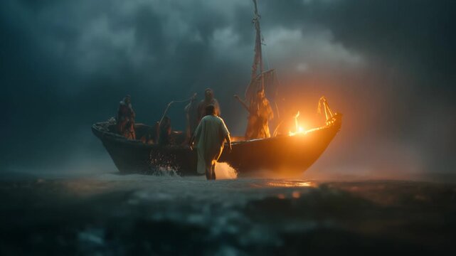 Jesus walks on water as disciples watch in the boat during a stormy night in the sea