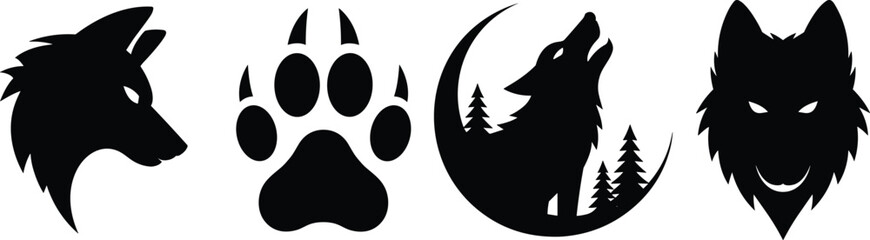 Wolf silhouette logo set with howling wolf and paw print, black wildlife animal symbols isolated on white background