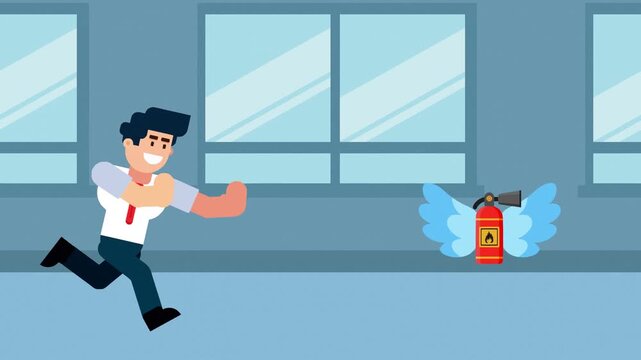 A businessman runs after a flying fire extinguisher with wings, symbolizing the pursuit of safety, emergency solutions, or crisis management in a business or office environment.