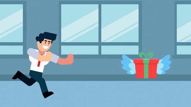 A businessman runs after a flying gift box with wings, symbolizing the pursuit of rewards, opportunities, or incentives in a business or office environment.