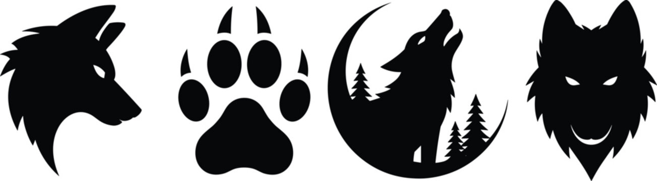 Wolf silhouette logo set with howling wolf and paw print, black wildlife animal symbols isolated on white background