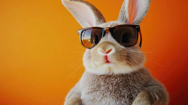 An adorable bunny wearing stylish sunglasses against an orange background, evoking a fun and playful vibe.