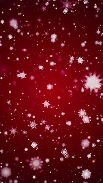 Christmas moving 4k background, snowfall with white snowflakes and particles on a red background. Loop animation