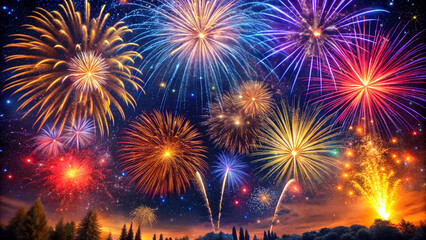 A colorful pyrotechnics display of bright red and blue fireworks explodes in the black night sky to celebrate a New Year festival holiday event