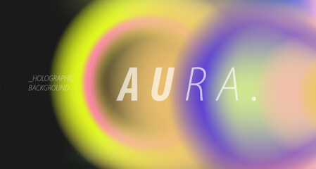 Abstract vector illustration features blurred circular gradients in vibrant neon yellow, pink, purple, and cyan blending into a soft holographic glow on a dark background. 
