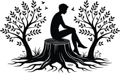 Nature reflection silhouette vector, person on tree stump, forest scene with birds, black design, solitude concept, environmental symbolism, peaceful moment