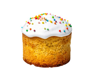 Delicious sweet bread with white icing and colorful sprinkles on transparent background