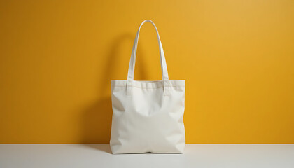 Simple white canvas tote bag standing against a vibrant yellow background