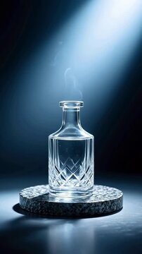 GlassBottlewithGeometricDesignonStonePedestal