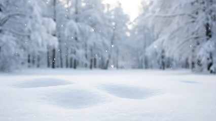 Fototapeta premium Snow covered forest with trees and snowflakes falling