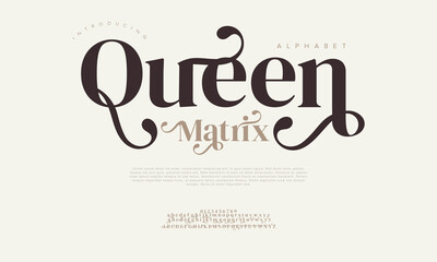 Queen Matrix typography beauty fashion elegant minimalist serif italic fonts decorative wedding vintage retro logos. Minimal luxury font alphabet logo. Vector illustration