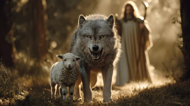 Encounter between Jesus, a wolf, and a sheep in a forest during evening light