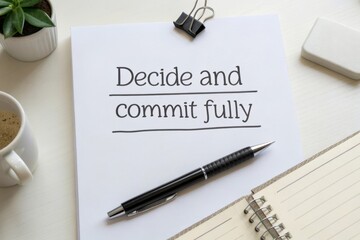 A note with the motivational phrase "Decide and commit fully" alongside a pen and notebook