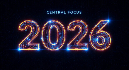 Digital art featuring the number 2026 with circuit pattern and orange outline, symbolizing futuristic year, technology, and digital innovation