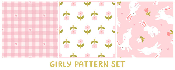 Girly pattern set with bunnies and flowers. Pink cute seamless vector print collection.