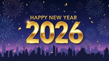 Happy New Year 2026 gold text with fireworks and city skyline