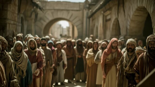 Jesus carries the cross through the streets as people gather to witness the event in ancient Jerusalem