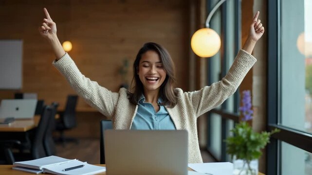 Young cheerful businesswoman sitting at desk with laptop, raising arms in triumph after achieving professional success in a modern workspace. Motivational work environment. celebrating success