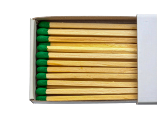 A box of wooden matches with green tips on transparent background