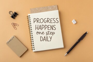 Progress Happens One Step Daily Notebook with Pen and Office Supplies Flat Lay