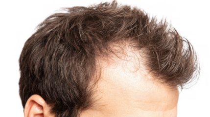 Close up of male pattern baldness, showcasing thinning hair and a receding hairline, isolated on a transparent background for easy integration into various projects